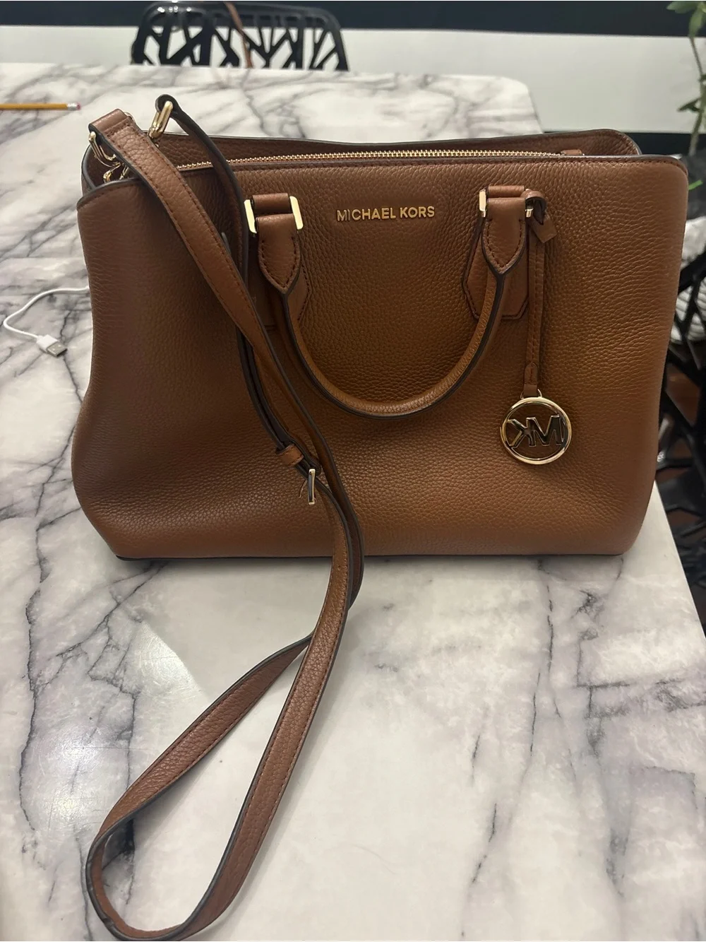 Michael Kors Brown Pebbled Leather Crossbody Satchel with Gold Hardware